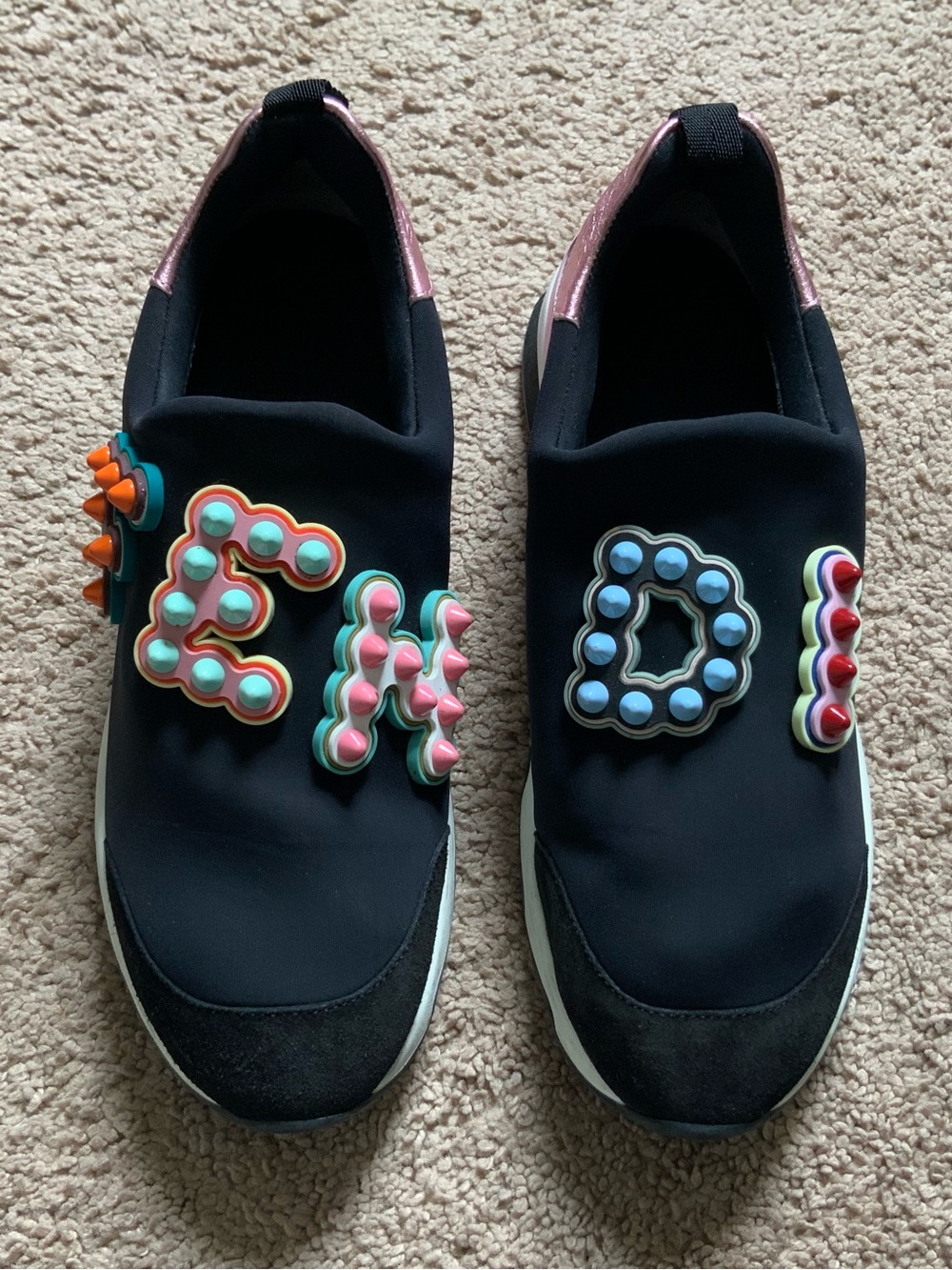 Fendi Dark Navy Blue Studded Logo Multi Color Slip On Sneakers Pink Size 38